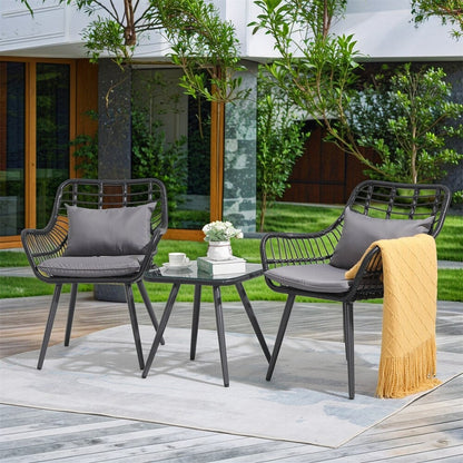 Nestov Outdoor Rattan Chair 3 Piece Set with Coffee Side Table for Balcony, Lawn, Garden