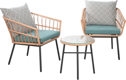 Nestov Outdoor Rattan Chair 3 Piece Set 3 Piece Set With Tempered Coffee Table and Wicker Chair for Garden Balcony Backyard