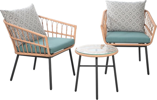 Nestov Outdoor Rattan Chair 3 Piece Set 3 Piece Set With Tempered Coffee Table and Wicker Chair for Garden Balcony Backyard