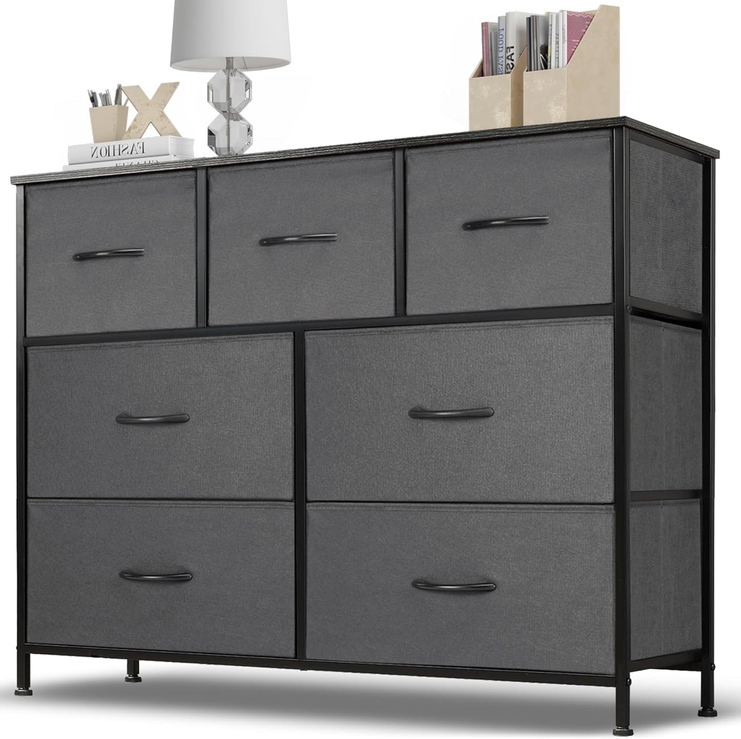 My Depot Bedroom Dresser with 7 Fabric Drawers for Bedroom, Nursery, Living Room, Kids Room, Closet Storage Organization, Metal Frame, Wood Top