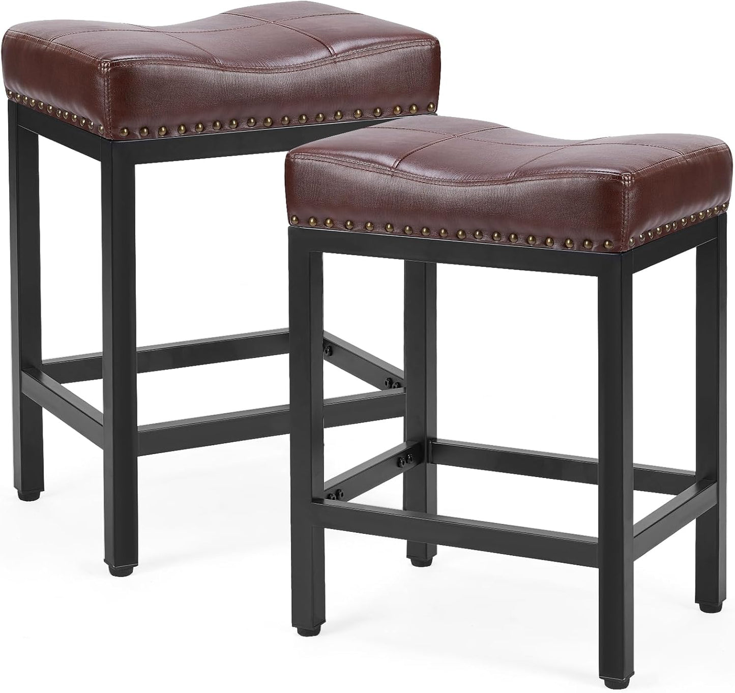 MyDepot Bar Stools Set of 2, 24 Inch Counter Height Bar Stool, Upholstered Kitchen Bar Stool with Metal Base, Modern PU Leather Saddle Stool for Kitchen Island