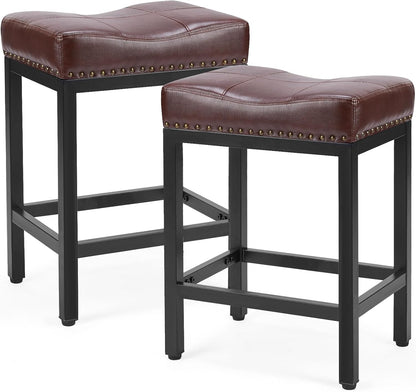 MyDepot Bar Stools Set of 2, 24 Inch Counter Height Bar Stool, Upholstered Kitchen Bar Stool with Metal Base, Modern PU Leather Saddle Stool for Kitchen Island