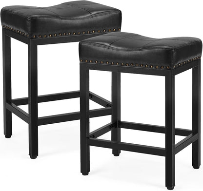 MyDepot Bar Stools Set of 2, 24 Inch Counter Height Bar Stool, Upholstered Kitchen Bar Stool with Metal Base, Modern PU Leather Saddle Stool for Kitchen Island