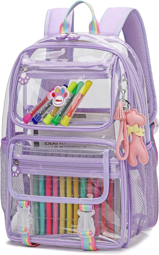 MyDepot Cute Clear Backpack, School Book Bag with Cartoon Stickers & Pendant,Waterproof and Durable PVC Material Backpack