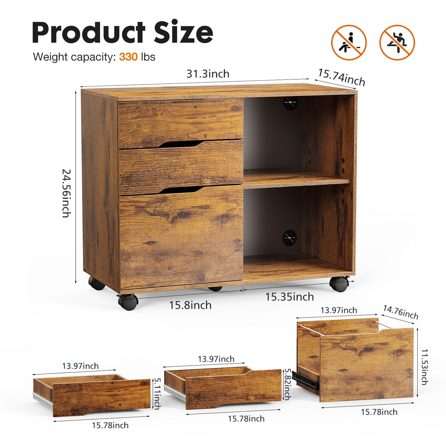 MyDepot Wooden 3-Drawer Filing Cabinet and Printer Stand with wheels