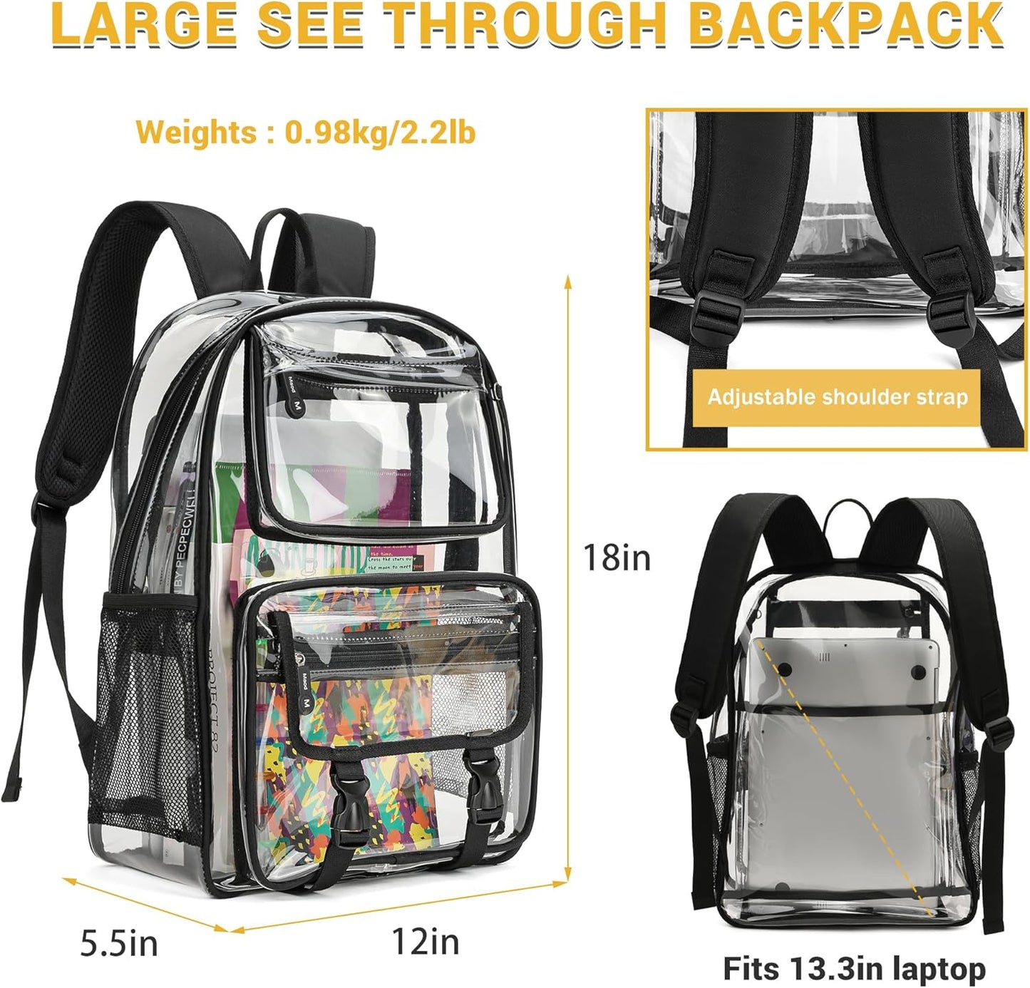 MyDepot Cute Clear Backpack, School Book Bag with Cartoon Stickers & Pendant,Waterproof and Durable PVC Material Backpack