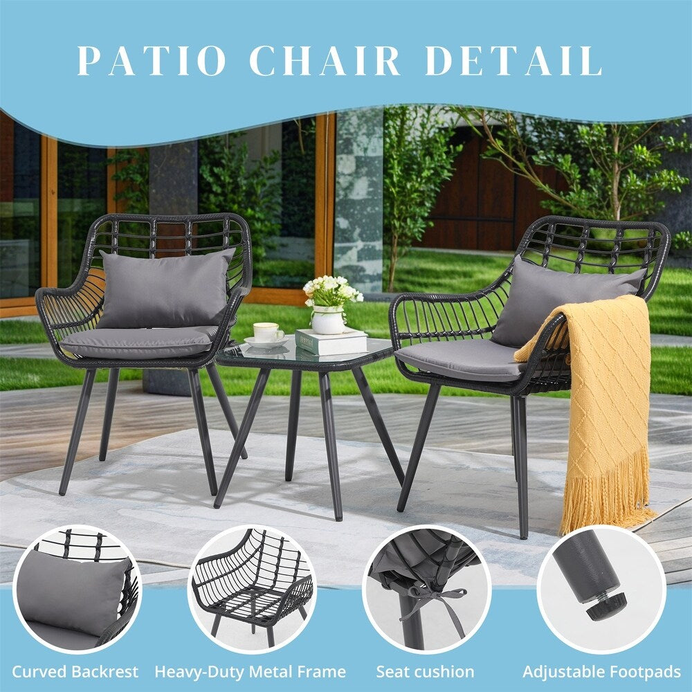 Nestov Outdoor Rattan Chair 3 Piece Set with Coffee Side Table for Balcony, Lawn, Garden