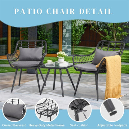 Nestov Outdoor Rattan Chair 3 Piece Set with Coffee Side Table for Balcony, Lawn, Garden