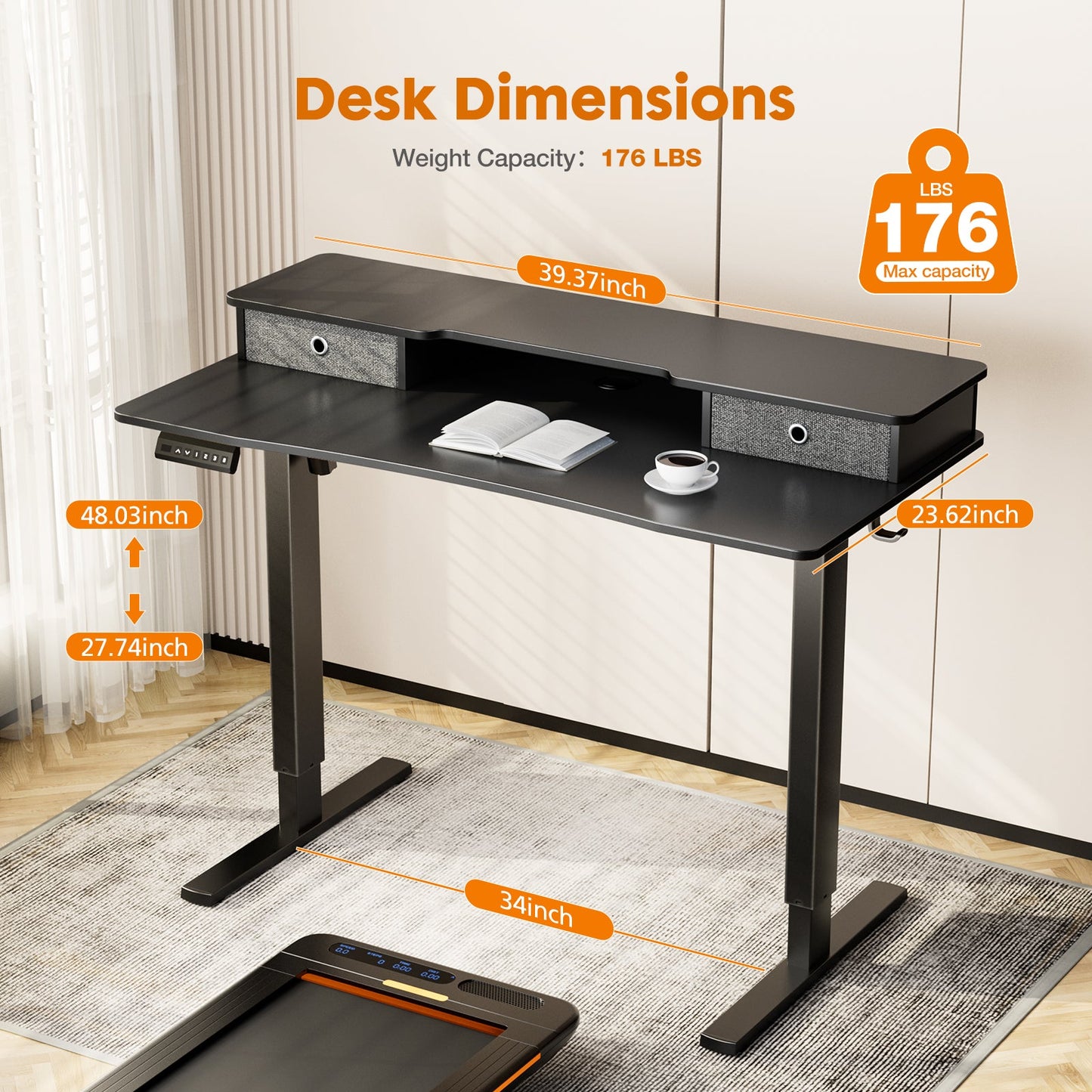 MyDepot Height Adjustable Electric Standing Desk with Storage Shelf Double Drawer