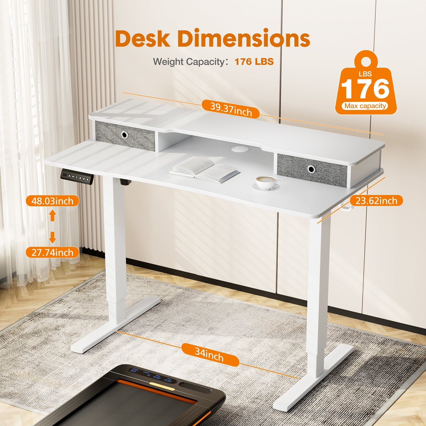 MyDepot Height Adjustable Electric Standing Desk with Storage Shelf Double Drawer