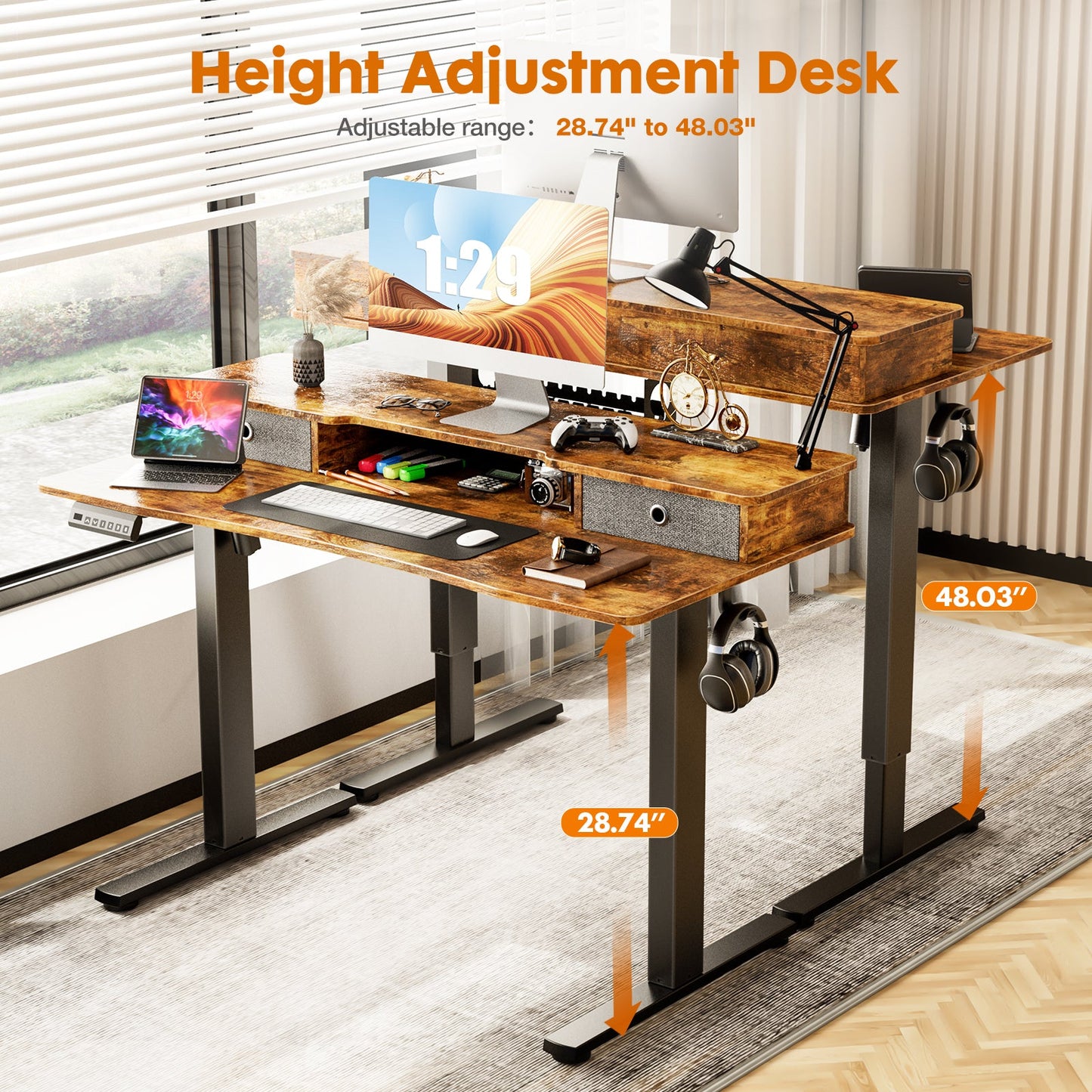 MyDepot Height Adjustable Electric Standing Desk with Storage Shelf Double Drawer