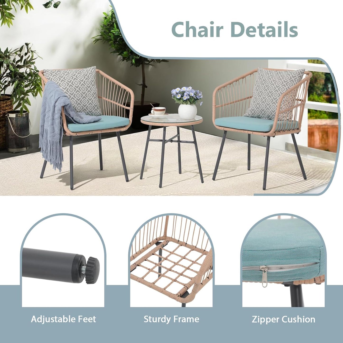 Nestov Outdoor Rattan Chair 3 Piece Set 3 Piece Set With Tempered Coffee Table and Wicker Chair for Garden Balcony Backyard