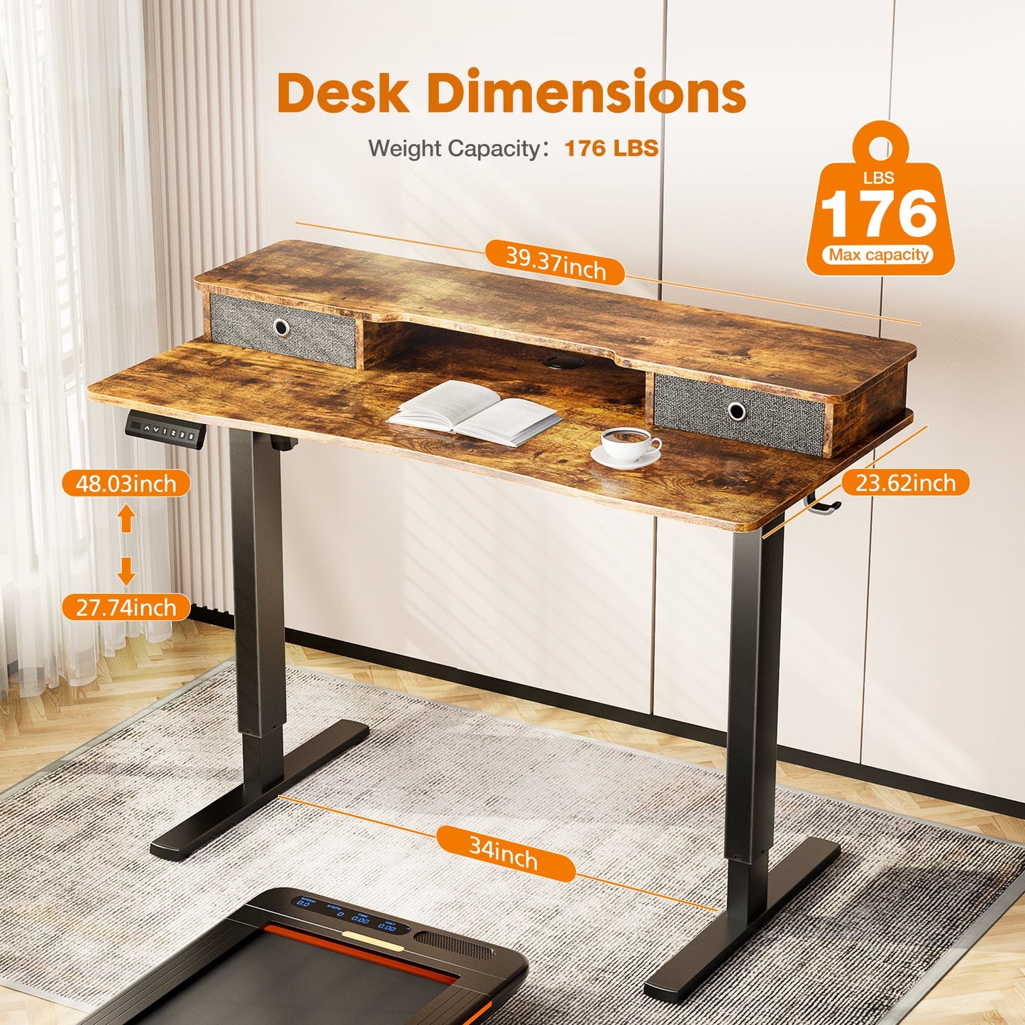 MyDepot Height Adjustable Electric Standing Desk with Storage Shelf Double Drawer