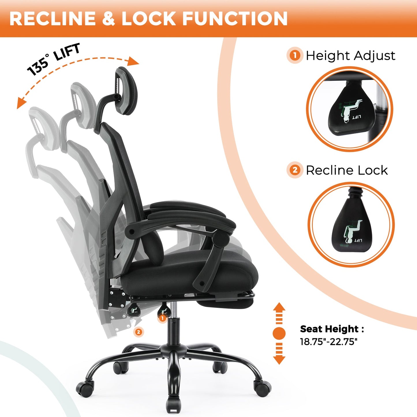 MyDepot Gaming Reclining High-Back Mesh Chair with Ergonomic Leg Rest