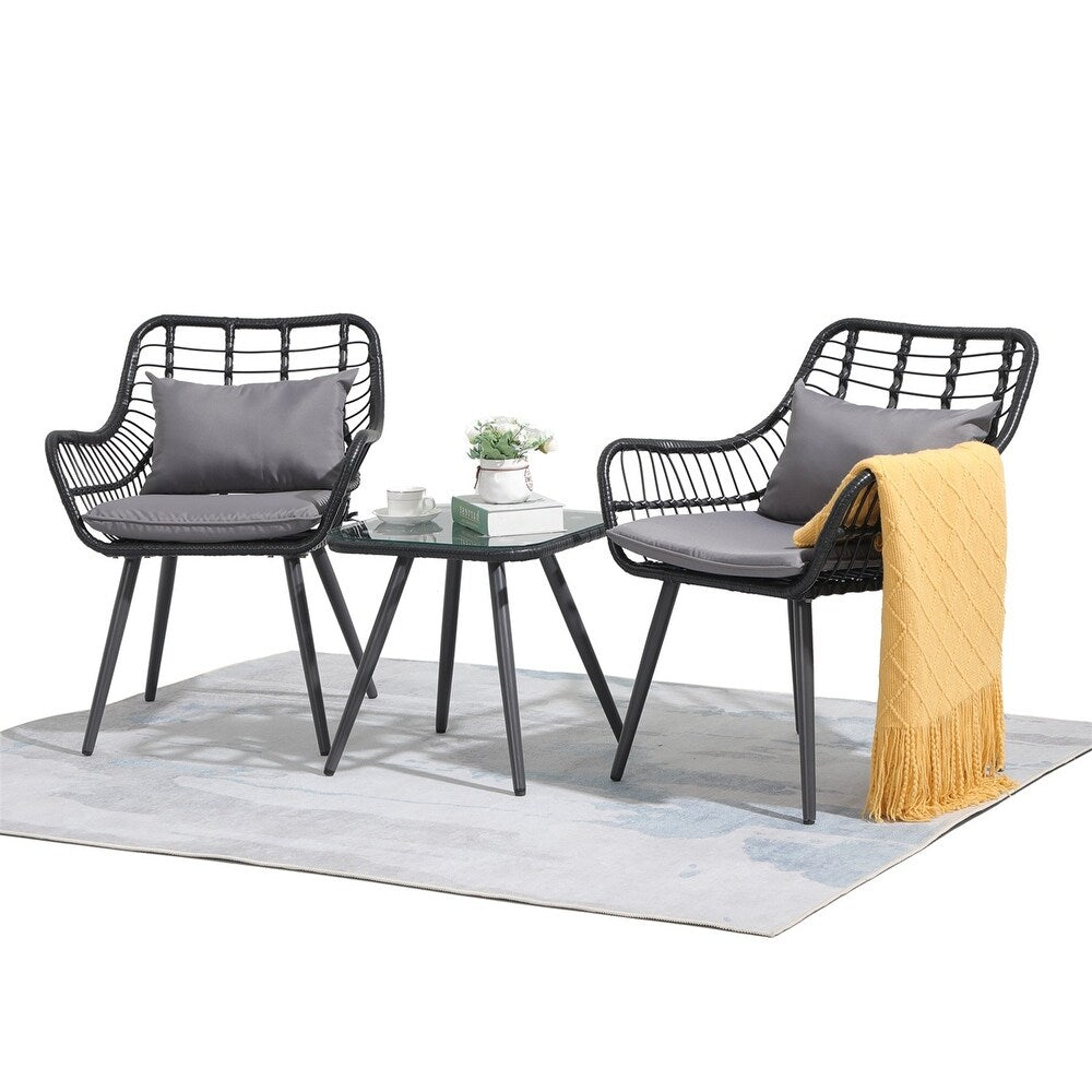 Nestov Outdoor Rattan Chair 3 Piece Set with Coffee Side Table for Balcony, Lawn, Garden