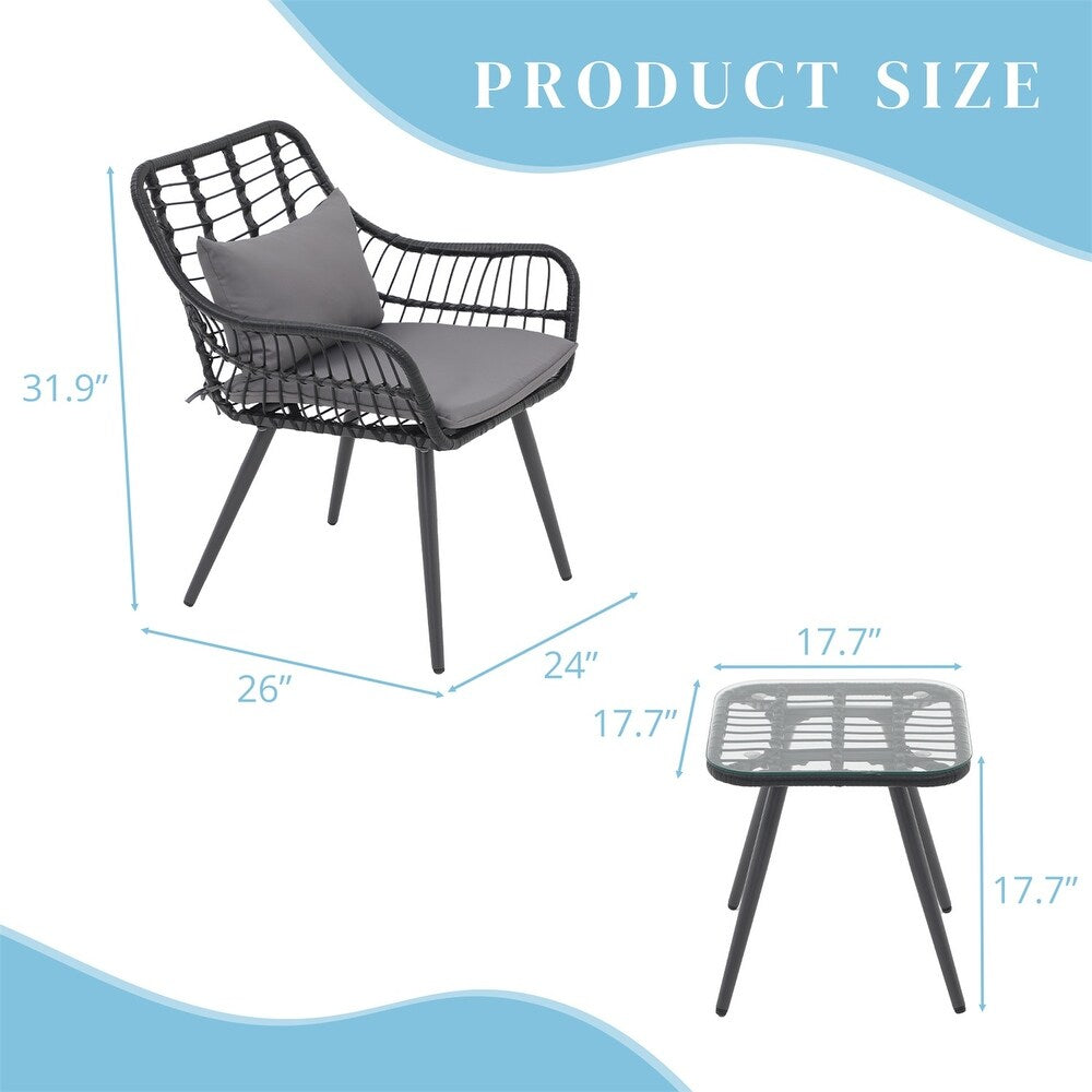 Nestov Outdoor Rattan Chair 3 Piece Set with Coffee Side Table for Balcony, Lawn, Garden