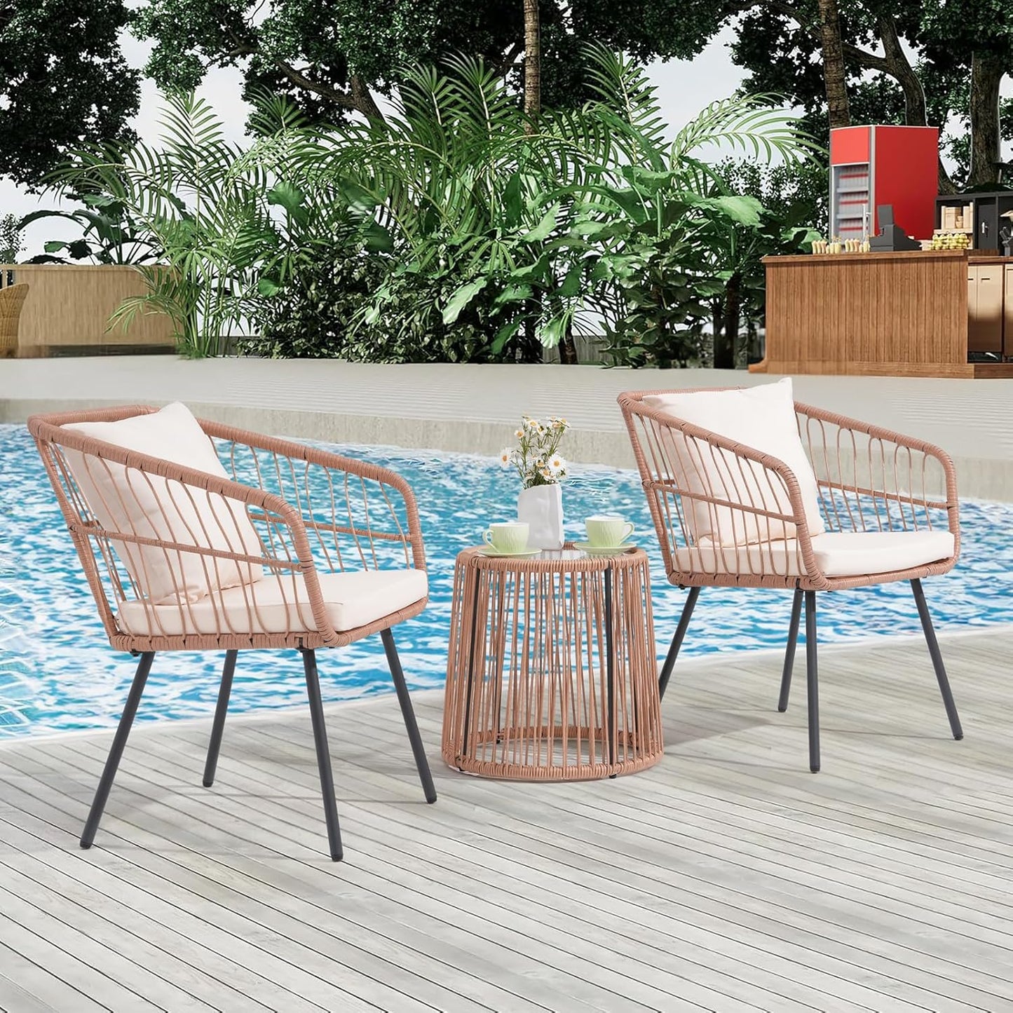 Nestov Outdoor Rattan Chair 3 Piece Set 3 Piece Set With Tempered Coffee Table and Wicker Chair for Garden Balcony Backyard