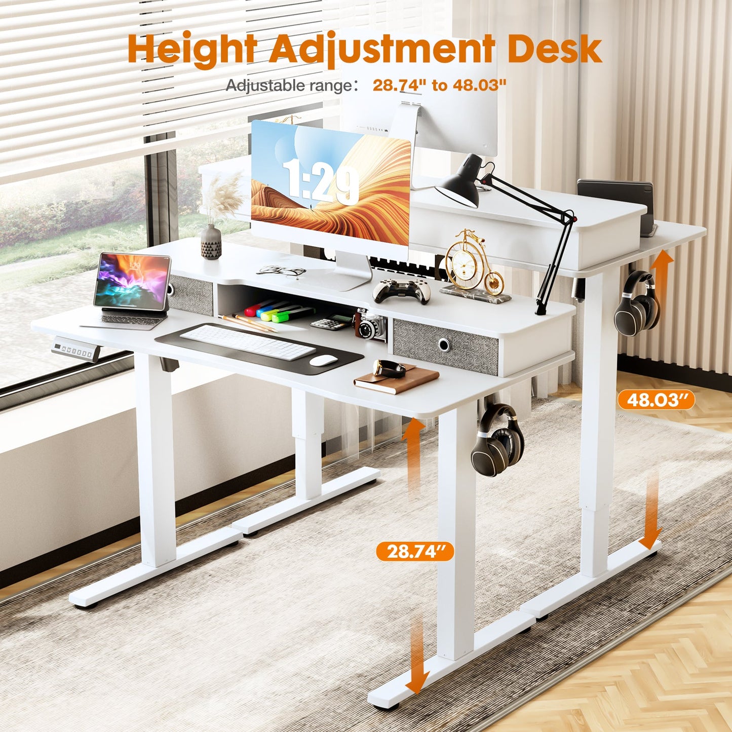 MyDepot Height Adjustable Electric Standing Desk with Storage Shelf Double Drawer