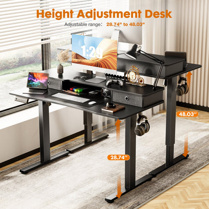 MyDepot Height Adjustable Electric Standing Desk with Storage Shelf Double Drawer