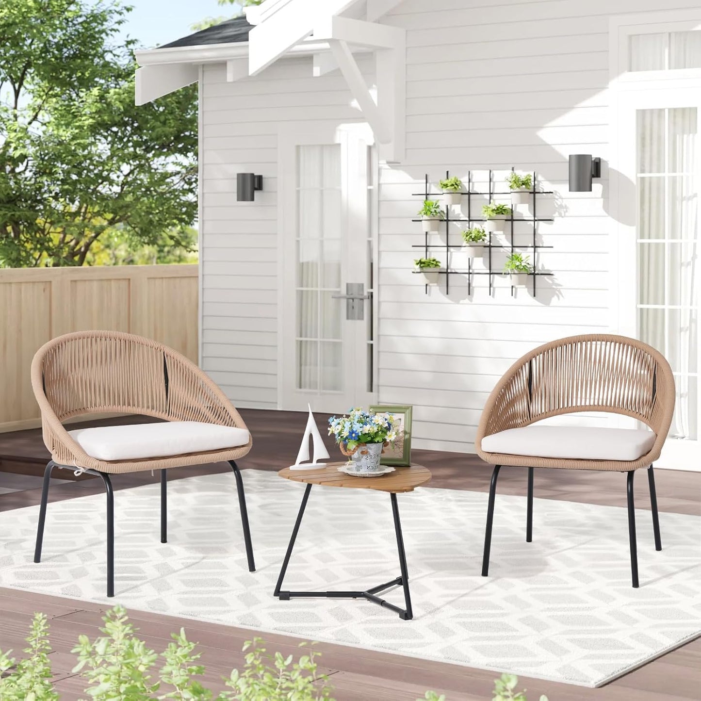 Nestov Outdoor Rattan Chair 3 Piece Set Woven Rope Furniture with Wooden Coffee Table and Cushioned Chairs for Garden, Backyard, Deck, Poolside