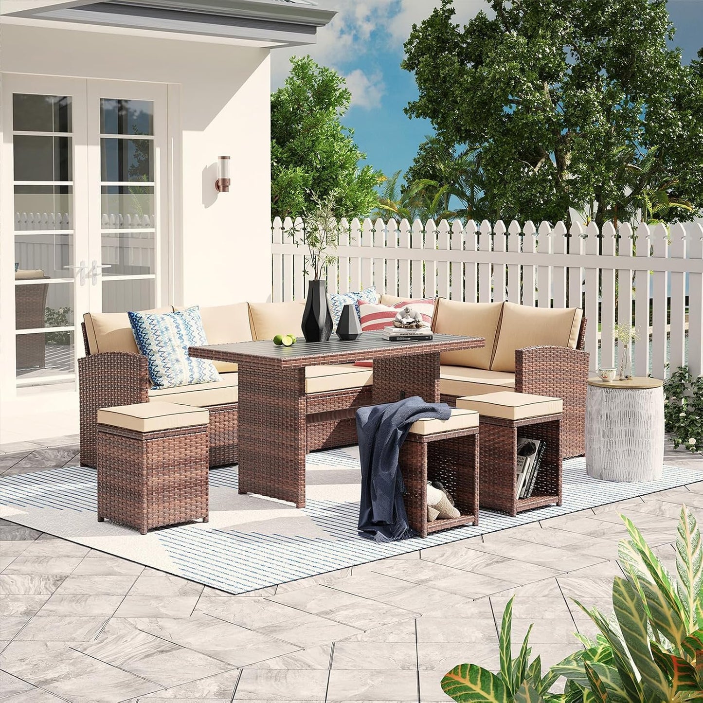 Nestov Outdoor Rattan Sofa 7-Piece Set with Modular Sofa, Loveseat, Coffee Table, Footstool for Terraces, Gardens, Balconies and Swimming Pools