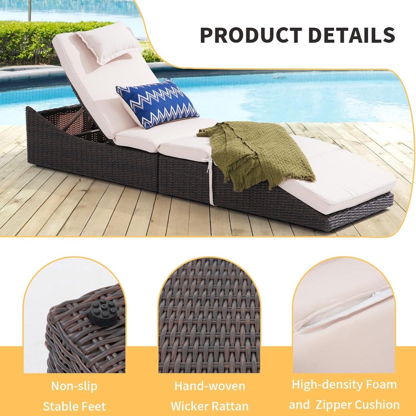 My Depot Outdoor Lounge Chair PE Wicker Rattan Backrest Pool Lounge Chair with Adjustable Backrest Removable Cushion