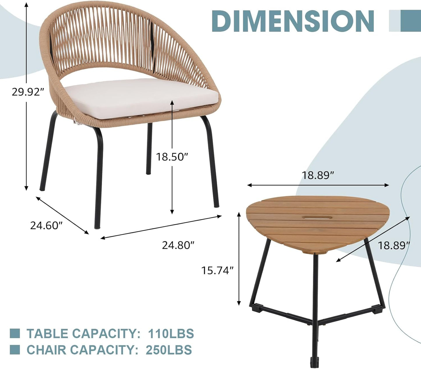 Nestov Outdoor Rattan Chair 3 Piece Set Woven Rope Furniture with Wooden Coffee Table and Cushioned Chairs for Garden, Backyard, Deck, Poolside