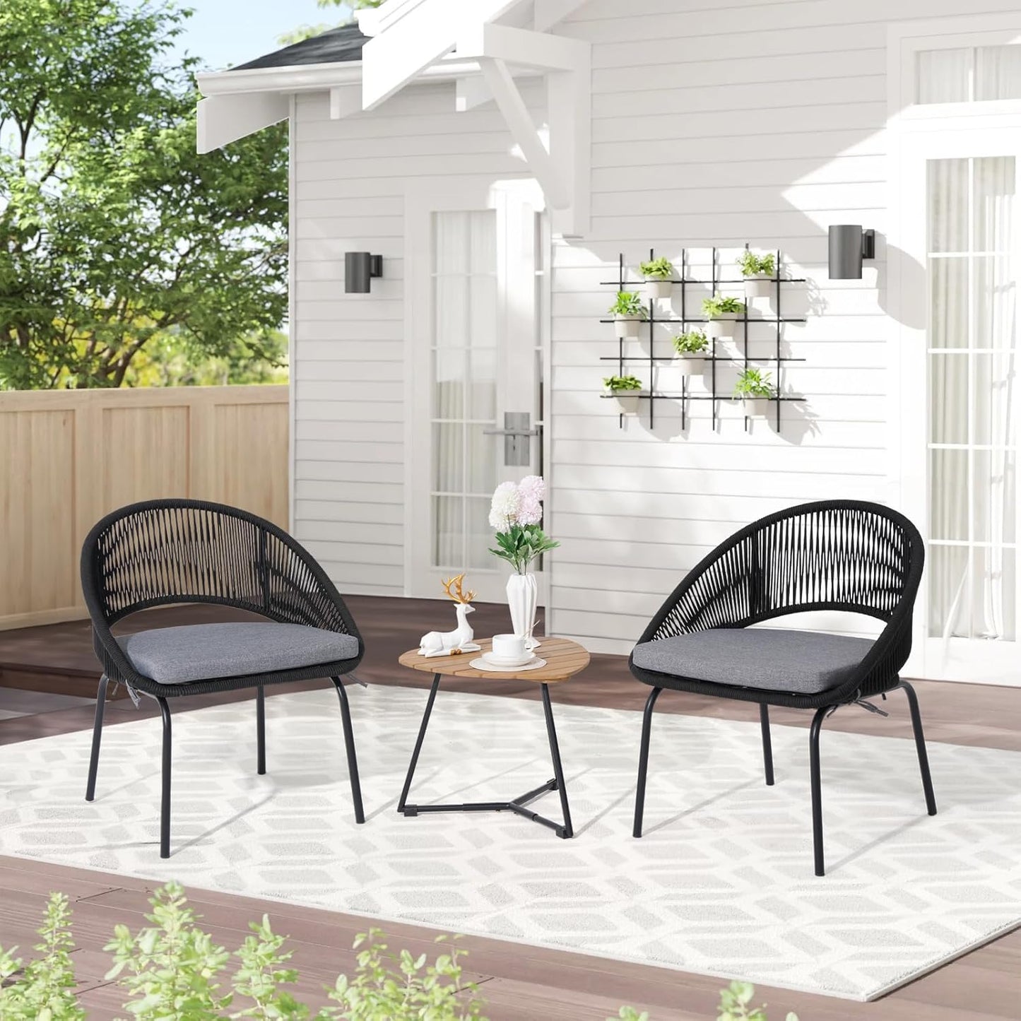 Nestov Outdoor Rattan Chair 3 Piece Set Woven Rope Furniture with Wooden Coffee Table and Cushioned Chairs for Garden, Backyard, Deck, Poolside