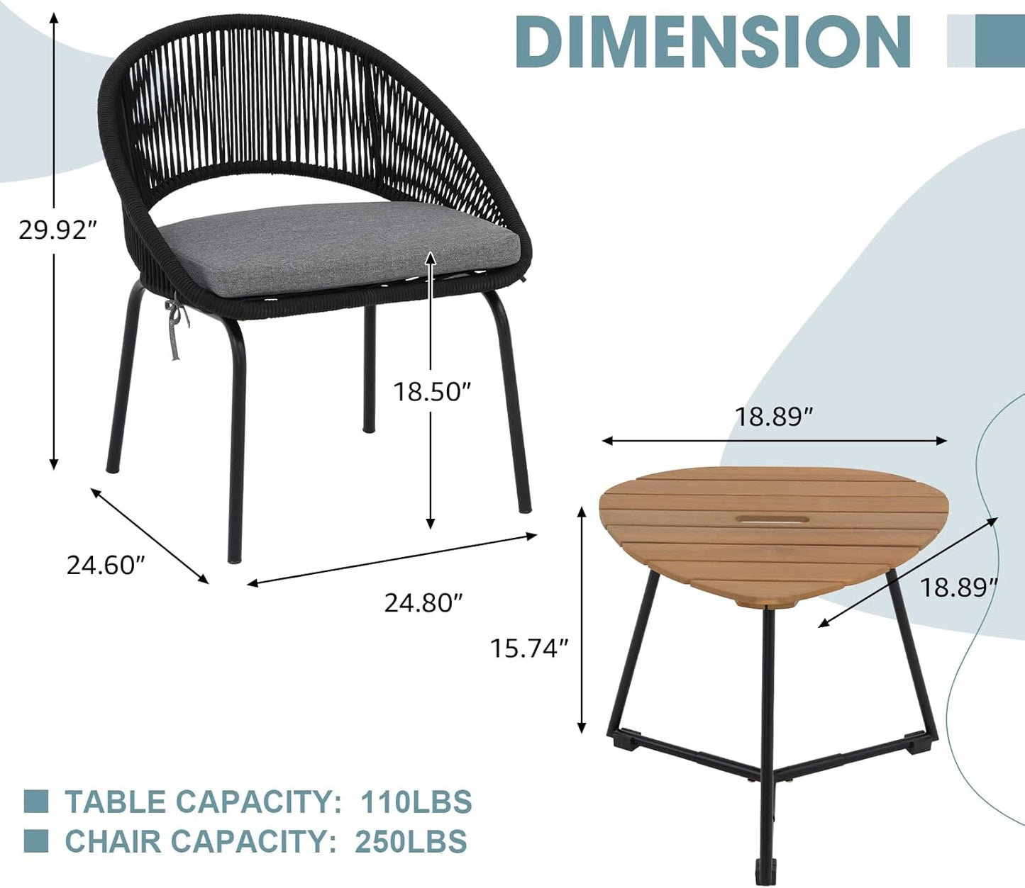 Nestov Outdoor Rattan Chair 3 Piece Set Woven Rope Furniture with Wooden Coffee Table and Cushioned Chairs for Garden, Backyard, Deck, Poolside