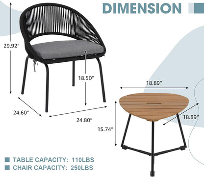 Nestov Outdoor Rattan Chair 3 Piece Set Woven Rope Furniture with Wooden Coffee Table and Cushioned Chairs for Garden, Backyard, Deck, Poolside