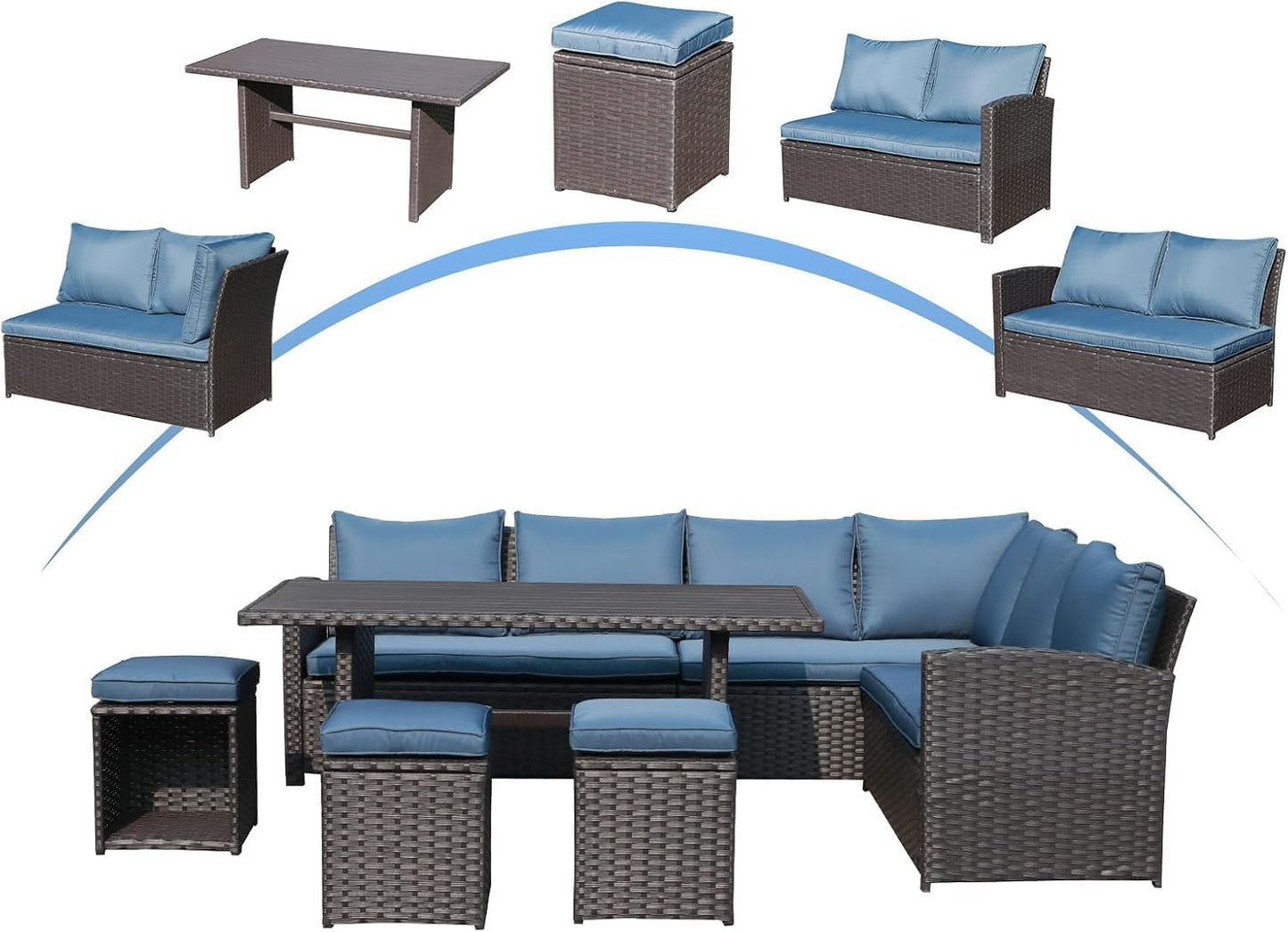 Nestov Outdoor Rattan Sofa 7-Piece Set with Modular Sofa, Loveseat, Coffee Table, Footstool for Terraces, Gardens, Balconies and Swimming Pools