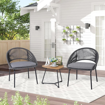 Nestov Outdoor Rattan Chair 3 Piece Set Woven Rope Furniture with Wooden Coffee Table and Cushioned Chairs for Garden, Backyard, Deck, Poolside