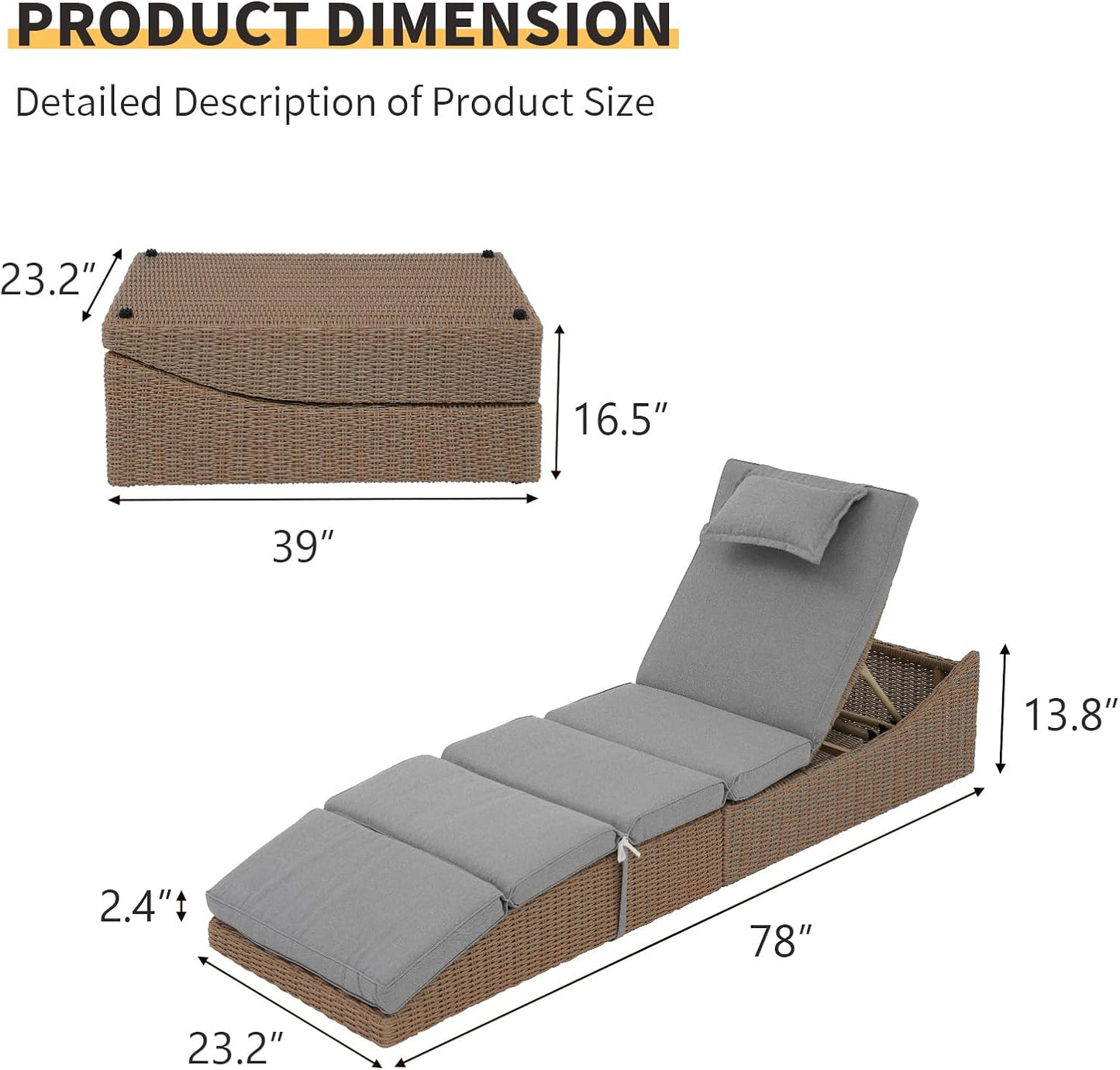 My Depot Outdoor Lounge Chair PE Wicker Rattan Backrest Pool Lounge Chair with Adjustable Backrest Removable Cushion