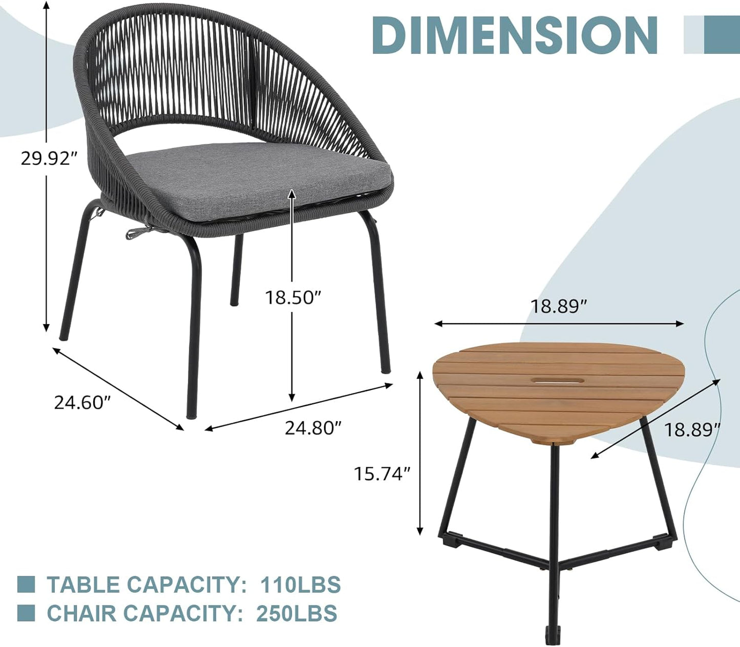 Nestov Outdoor Rattan Chair 3 Piece Set Woven Rope Furniture with Wooden Coffee Table and Cushioned Chairs for Garden, Backyard, Deck, Poolside