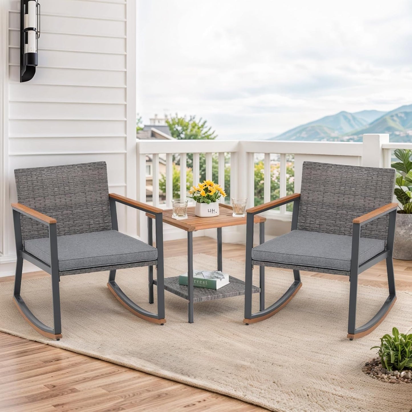 Nestov Outdoor Rattan Chair 3 Piece Set with Coffee Table and Cushions for Balcony Porch Poolside