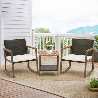 Nestov Outdoor Rattan Chair 3 Piece Set with Coffee Table and Cushions for Balcony Porch Poolside