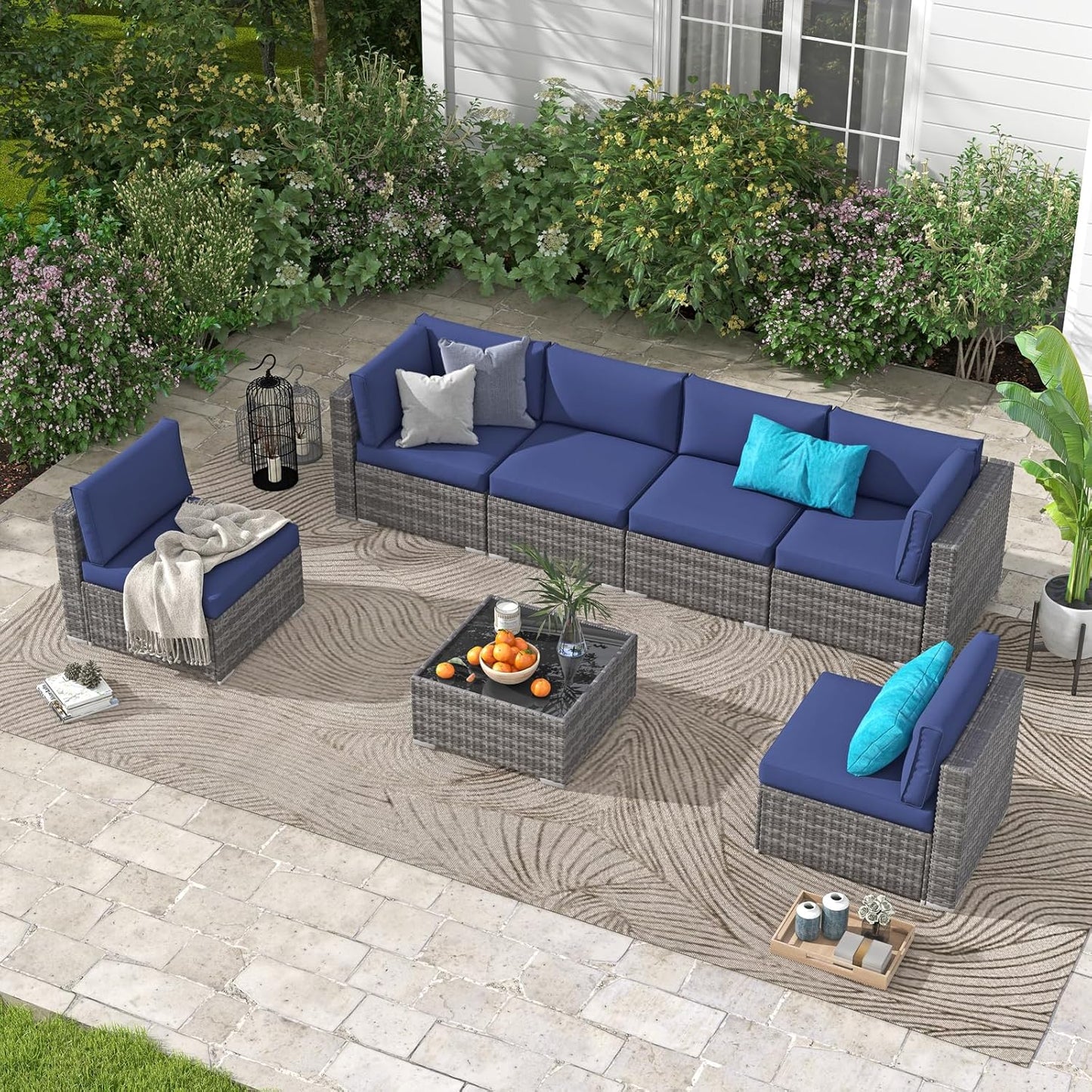 Nestov Outdoor Rattan Sofa 7-Piece Set with Tempered Glass Table and Mat for Deck, Backyard, Porch, Lawn, Garden