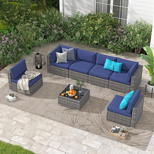 Nestov Outdoor Rattan Sofa 7-Piece Set with Tempered Glass Table and Mat for Deck, Backyard, Porch, Lawn, Garden