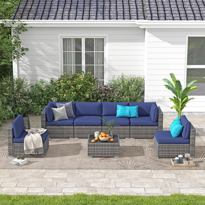 Nestov Outdoor Rattan Sofa 7-Piece Set with Tempered Glass Table and Mat for Deck, Backyard, Porch, Lawn, Garden