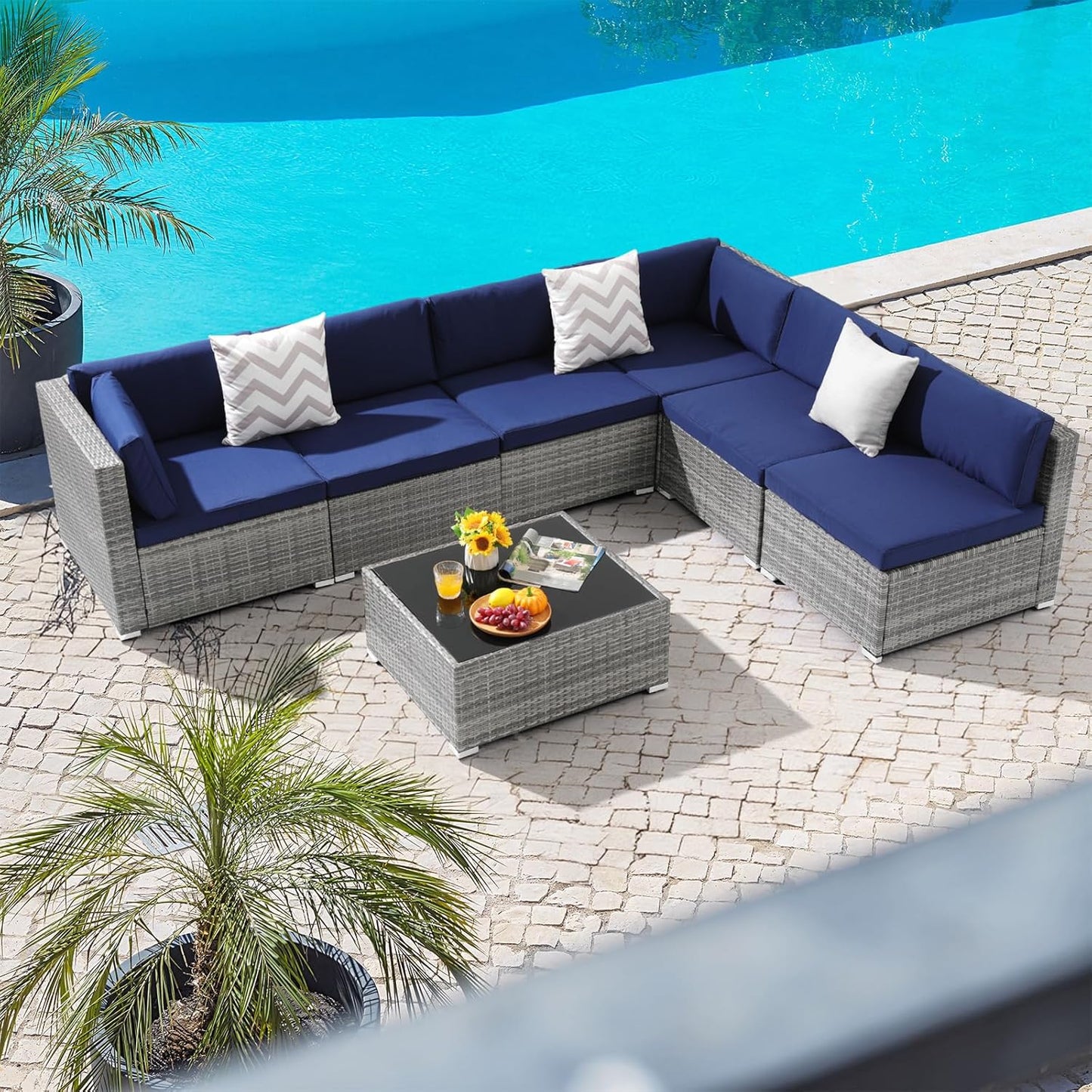 Nestov Outdoor Rattan Sofa 7-Piece Set with Tempered Glass Table and Mat for Deck, Backyard, Porch, Lawn, Garden