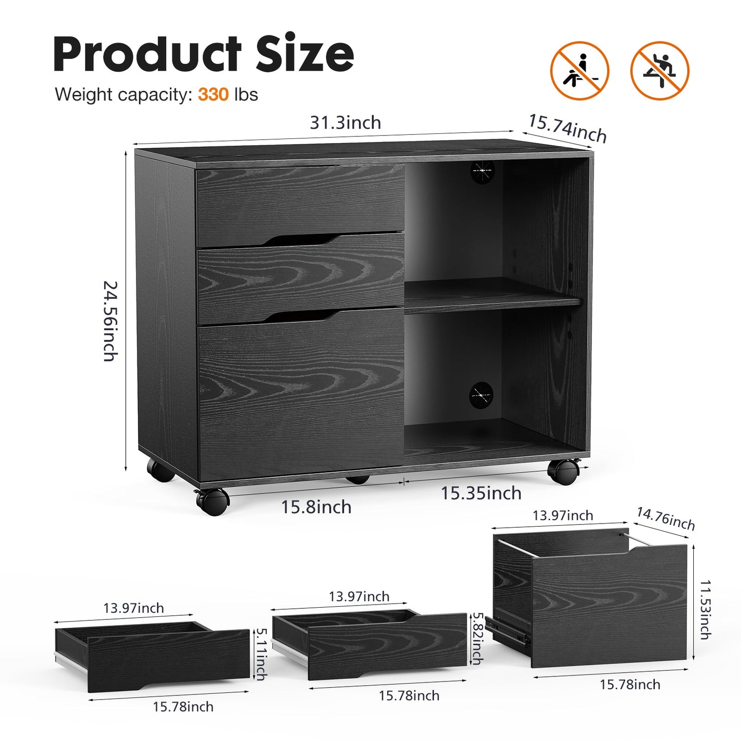 MyDepot Wooden 3-Drawer Filing Cabinet and Printer Stand with wheels