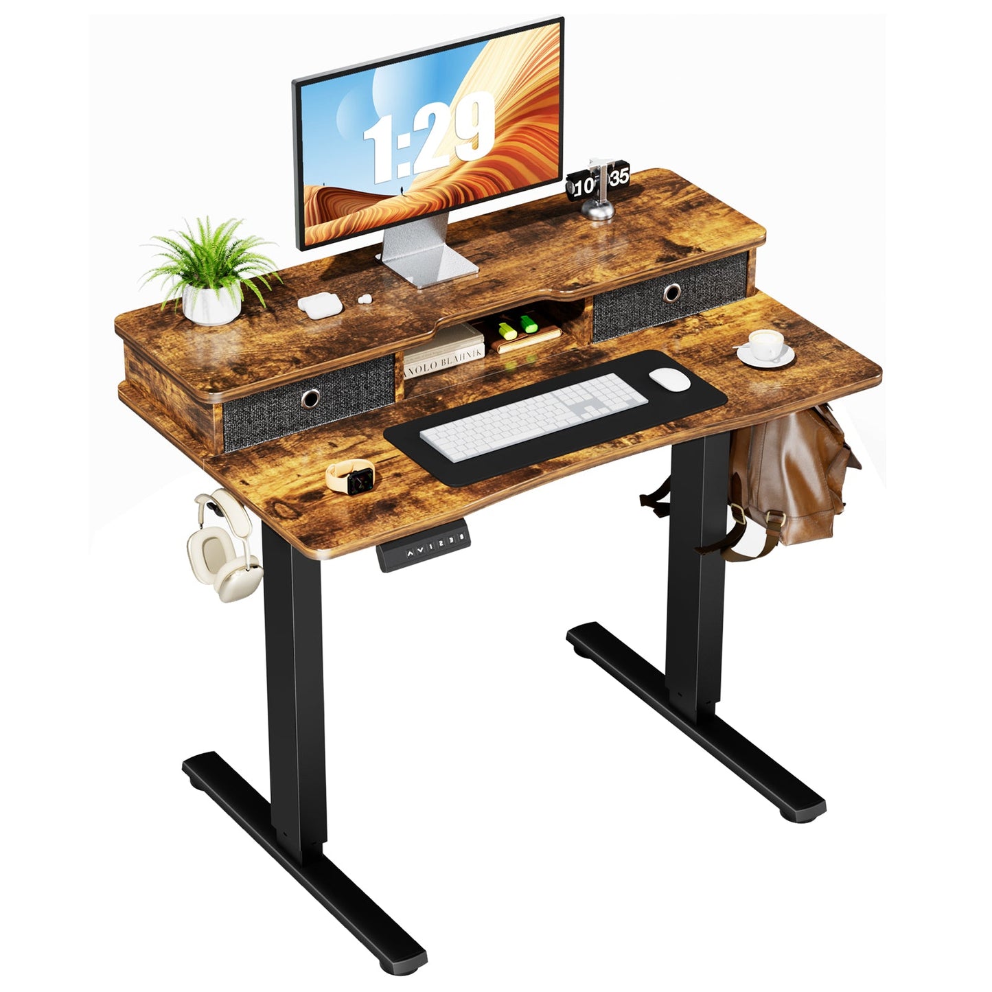 MyDepot Height Adjustable Electric Standing Desk with Storage Shelf Double Drawer