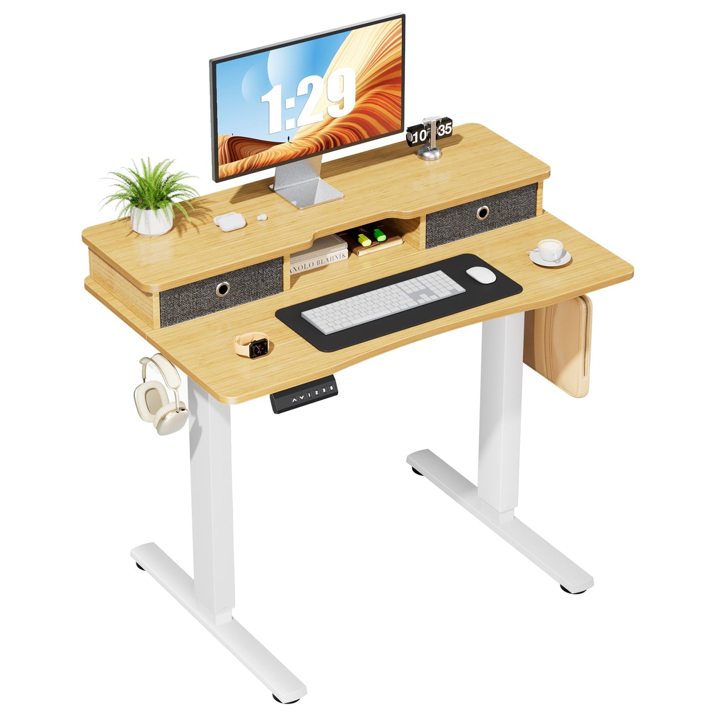 MyDepot Height Adjustable Electric Standing Desk with Storage Shelf Double Drawer