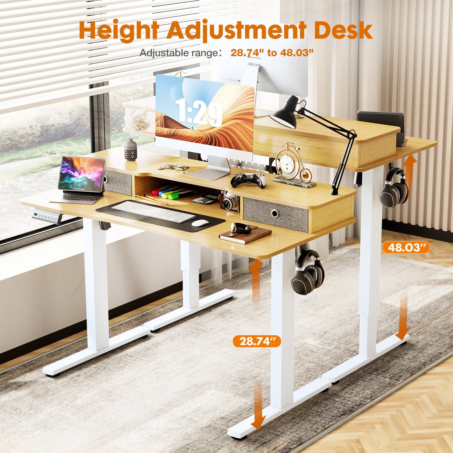 MyDepot Height Adjustable Electric Standing Desk with Storage Shelf Double Drawer