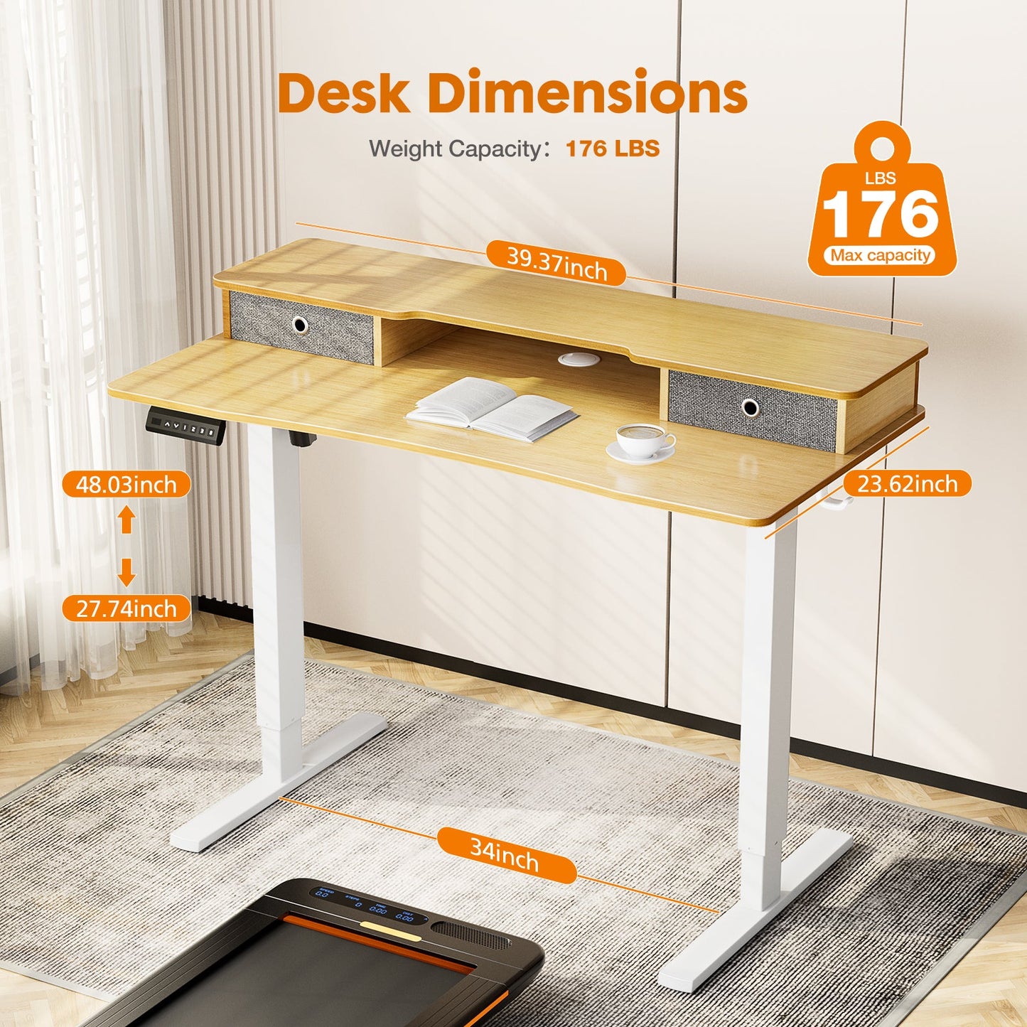 MyDepot Height Adjustable Electric Standing Desk with Storage Shelf Double Drawer